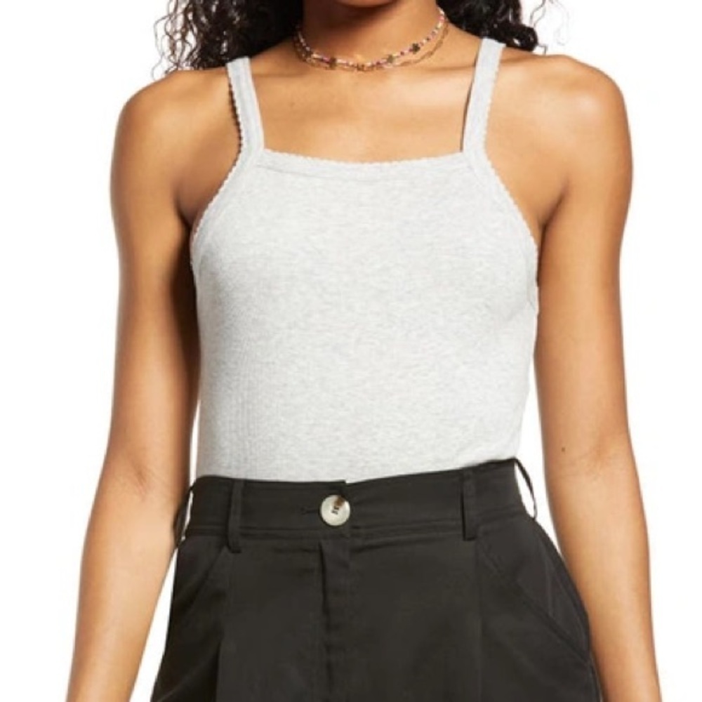 NWT BP. Picot Trim Cotton Blend Rib Thong Bodysuit Heather Gray L